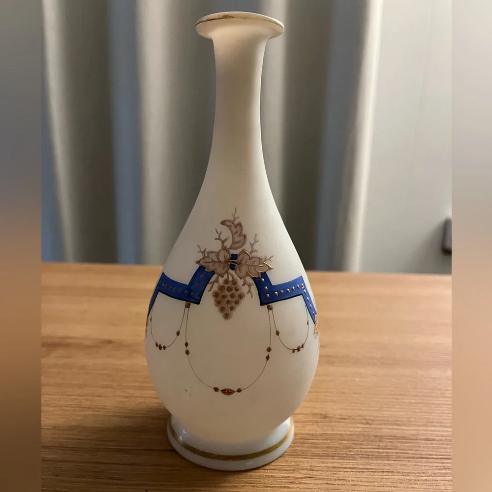 Victorian Antique Opal Blown Glass Vase Hand Painted Enamel #63